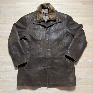 Vintage 90s Danier Men's Leather Coat Fur Collar Brown Zip Button L